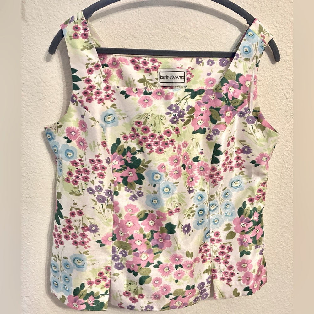 Karin Stevens Floral Tank Sleeveless Easter Blouse w Side Zip Size Medium EUC